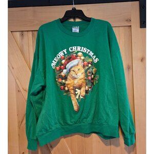 IML Cat w/Santa Hat Wreath Meowy Christmas Sweatshirt Women's XXL Green Holiday